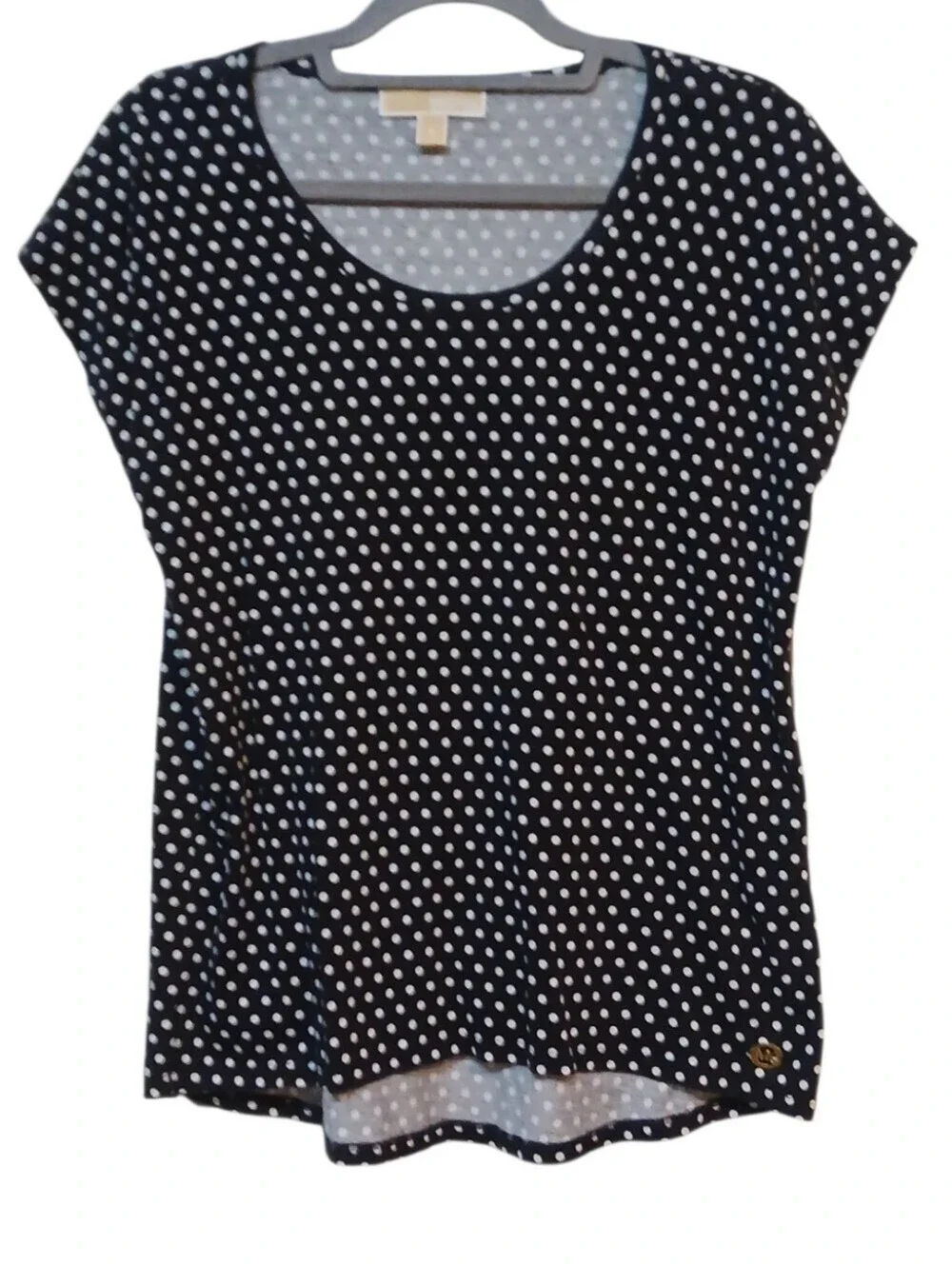 Michael Kors - Black Hi/Lo Blouse With White Poke dots, Flutter Sleeves,